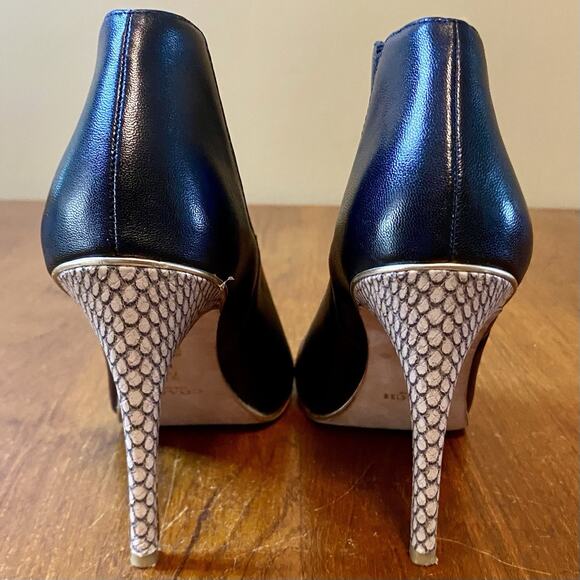 Coach Black Leather Booties Size 7.5 Peep-Toe Snakeskin Stiletto Heel - Picture 3 of 8